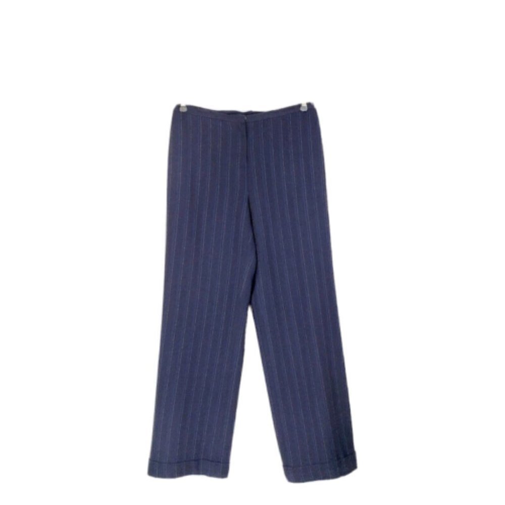 Lafayette 148 Wide Leg Trouser Pants Navy Blue Stripe Wool Blend Cuffed Size 4